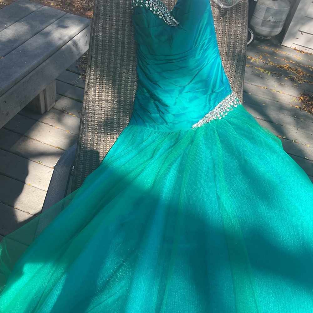 SHERRI HILL Teal Strapless Evening Gown with Crystal Accents